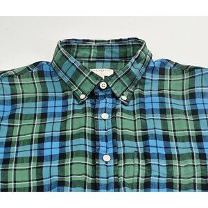 Club Monaco Slim Fit Green Black Blue White Check Linen Button Down Pocket Shirt
